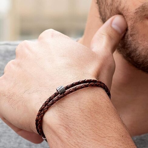 سوار من الجلد مصنوع يدويًا للرجال - سوار من الجلد الطبيعي المضفر باللون البني للرجال مع خرزة مطلية بالفضة - 14.5 بوصة in Kuwait