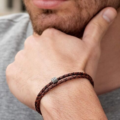 سوار من الجلد مصنوع يدويًا للرجال - سوار من الجلد الطبيعي المضفر باللون البني للرجال مع خرزة مطلية بالفضة - 14.5 بوصة in Kuwait