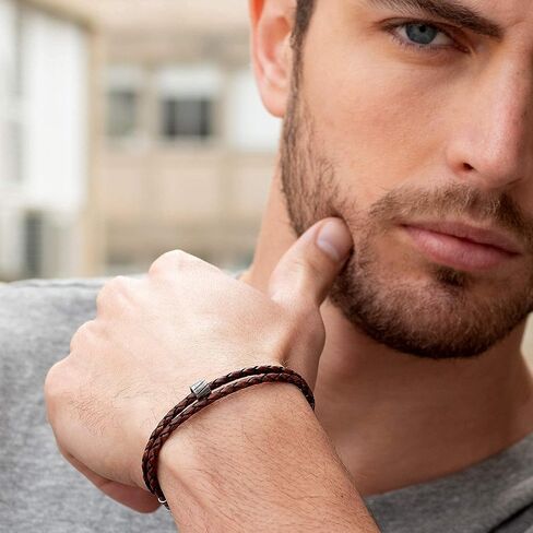 سوار من الجلد مصنوع يدويًا للرجال - سوار من الجلد الطبيعي المضفر باللون البني للرجال مع خرزة مطلية بالفضة - 14.5 بوصة in Kuwait