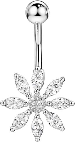 14 Gauge 316L Surgical Steel Belly Button Ring Flower Belly Ring Piercing Jewelry Barbells Clear Cubic Zirconia Navel Rings Silver Screw Bar 10 mm Screw on Piercing Stud Ball End 14G in Saudi Arabia
