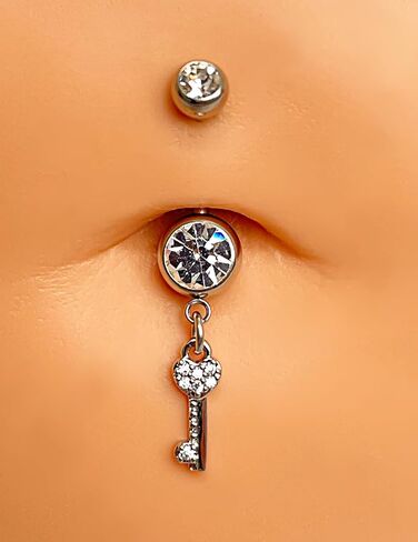14 Gauge 316L Surgical Steel Belly Button Ring Key Belly Ring Key Dangling Piercing Jewelry Barbells Clear Cubic Zirconia Navel Rings Silver Screw Bar 10 mm Screw on Piercing Stud Ball End 14G in Saudi Arabia