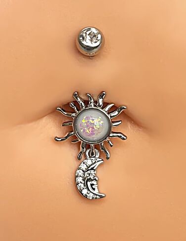 14 Gauge 316L Surgical Steel Belly Button Ring Opal Sun Dangling Belly Ring Moon Piercing Jewelry Barbells Clear Cubic Zirconia Navel Rings Silver Screw Bar 10 mm Screw on Piercing Stud Ball End 14G in Saudi Arabia