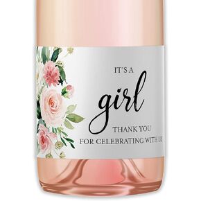 It’s a Girl Mini Champagne Bottle Labels ● SET of 12 ● Pink Floral Baby Shower Mini Champagne Labels, About to POP Thank You for Celebrating with us Favors Baby Shower Reveal WATERPROOF M625-GRL-12
