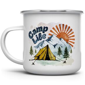 Camp Life Enamel Campfire Mug, Outdoor Camping Coffee Cup, Mountain Nature Hiking Lover Gift (12oz)