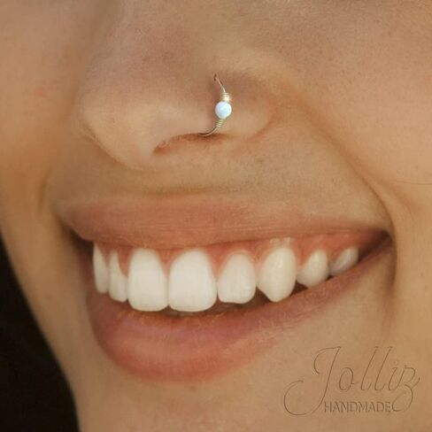 Blue Opal 14k Gold Filled Nose Ring Hoop For Women - 24 Gauge Opal Nose Piercing Ring - Hypoallergenic Piercing Jewelry in Saudi Arabia