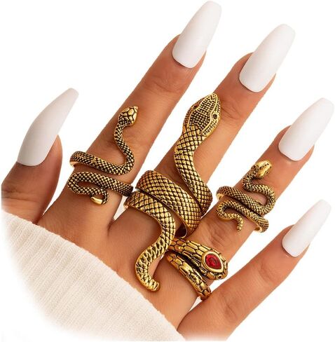 Snake Ring Adjustable Vintage Rings Punk Snake Silver Ring Set Snake Stackable Boho Snake Finger Rings Fashion Animal Rings for Women Men Jewelry (D) in Kuwait