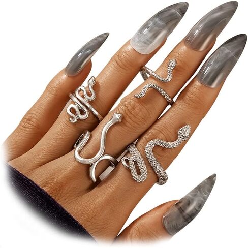 Snake Ring Adjustable Vintage Rings Punk Snake Silver Ring Set Snake Stackable Boho Snake Finger Rings Fashion Animal Rings for Women Men Jewelry (D) in Kuwait