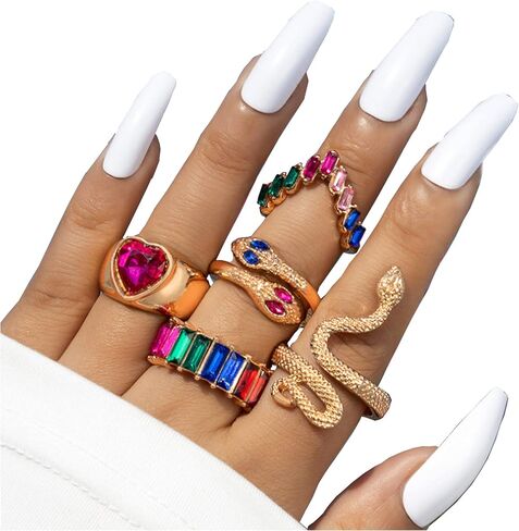 Snake Ring Adjustable Vintage Rings Punk Snake Silver Ring Set Snake Stackable Boho Snake Finger Rings Fashion Animal Rings for Women Men Jewelry (D) in Kuwait