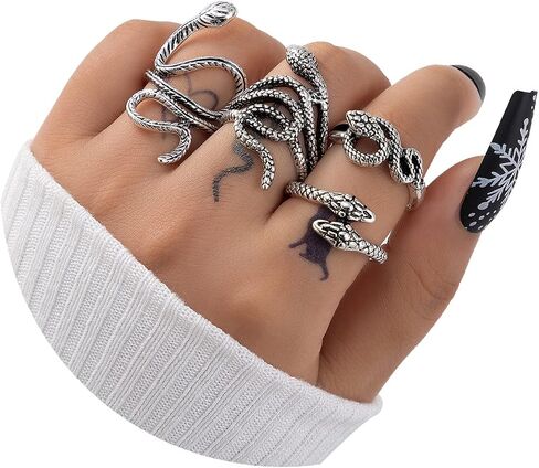 Snake Ring Adjustable Vintage Rings Punk Snake Silver Ring Set Snake Stackable Boho Snake Finger Rings Fashion Animal Rings for Women Men Jewelry (D) in Kuwait