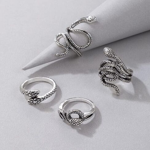 Snake Ring Adjustable Vintage Rings Punk Snake Silver Ring Set Snake Stackable Boho Snake Finger Rings Fashion Animal Rings for Women Men Jewelry (D) in Kuwait