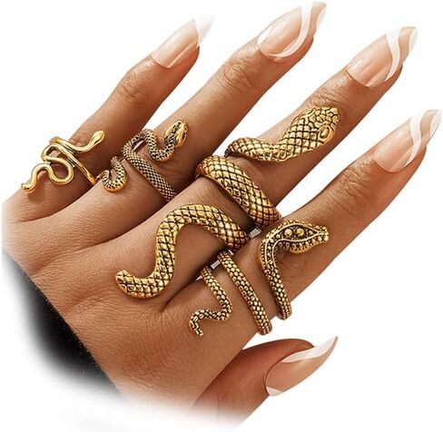 Snake Ring Adjustable Vintage Rings Punk Snake Silver Ring Set Snake Stackable Boho Snake Finger Rings Fashion Animal Rings for Women Men Jewelry (D) in Kuwait
