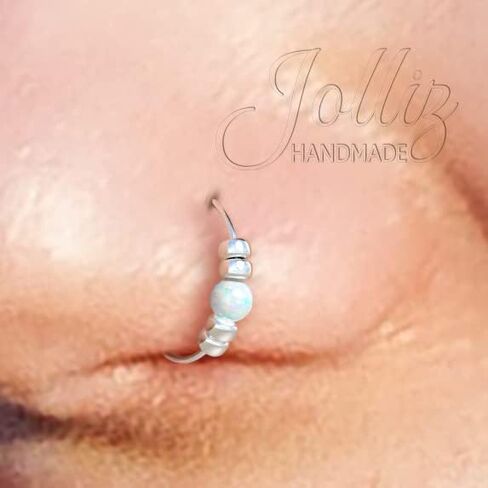 Silver Nose Ring Piercing - Handmade 925 Sterling Silver Nose Hoop with a small 2mm Blue Opal - Thin 24 gauge Hypoallergenic 7mm Nose Rings in Saudi Arabia