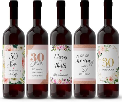 Set of 5 Wine Labels, 30th Birthday Gift, Chic Stickers, For Women, 30 and Fabulous, Wine Bottle Label, Gift Ideas, Party Gift, Alternative to birthday card A30BD-5P1 in Saudi Arabia