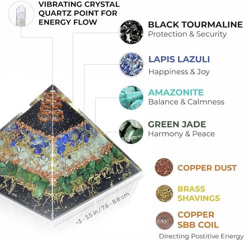 New Orgone Pyramid for Healing Heart | Black Tourmaline | Lapis Lazuli | Amazonite | Green Jade Orgonite Pyramid for E-Energy Protection - Crystal Chakra Stone Pyramid in Kuwait