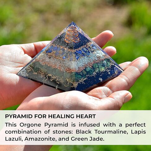 New Orgone Pyramid for Healing Heart | Black Tourmaline | Lapis Lazuli | Amazonite | Green Jade Orgonite Pyramid for E-Energy Protection - Crystal Chakra Stone Pyramid in Kuwait