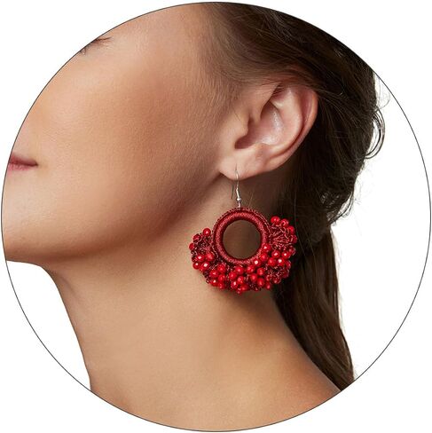 Boho Beaded Tassel Earrings - Handmade Statement Seed Bead Earrings, Bohemian Trendy Large Earrings, African Cute Red Drop Earrings for Women Girls in Saudi Arabia