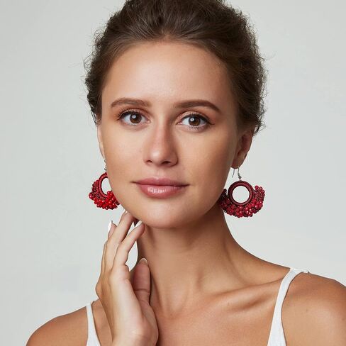 Boho Beaded Tassel Earrings - Handmade Statement Seed Bead Earrings, Bohemian Trendy Large Earrings, African Cute Red Drop Earrings for Women Girls in Saudi Arabia