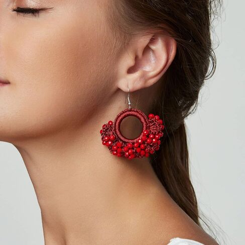Boho Beaded Tassel Earrings - Handmade Statement Seed Bead Earrings, Bohemian Trendy Large Earrings, African Cute Red Drop Earrings for Women Girls in Saudi Arabia