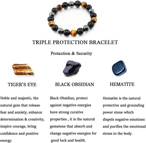 سوار حماية ثلاثي، سوار خرز عين النمر الأسود الأصلي والهيماتيت 10 ملم للرجال والنساء، أساور شفاء مجوهرات كريستال تجلب الحظ والازدهار والسعادة in Kuwait