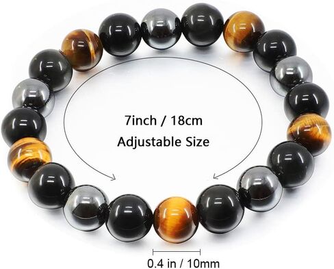 سوار حماية ثلاثي، سوار خرز عين النمر الأسود الأصلي والهيماتيت 10 ملم للرجال والنساء، أساور شفاء مجوهرات كريستال تجلب الحظ والازدهار والسعادة in Kuwait