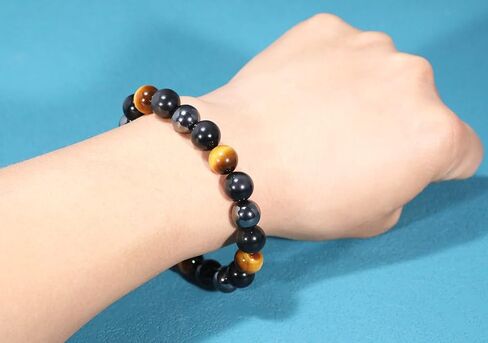 سوار حماية ثلاثي، سوار خرز عين النمر الأسود الأصلي والهيماتيت 10 ملم للرجال والنساء، أساور شفاء مجوهرات كريستال تجلب الحظ والازدهار والسعادة in Kuwait