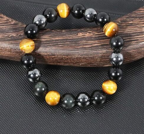 سوار حماية ثلاثي، سوار خرز عين النمر الأسود الأصلي والهيماتيت 10 ملم للرجال والنساء، أساور شفاء مجوهرات كريستال تجلب الحظ والازدهار والسعادة in Kuwait