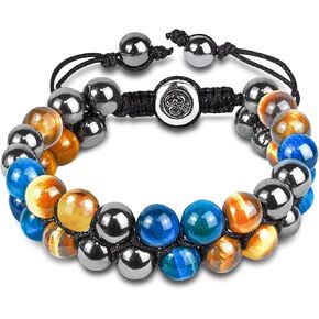 Triple Protection Bracelet Natural Black Obsidian Tigers Eye Hematite 10mm Beads Crystal Bracelet Handmade Bracelets for Men Women Bring Prosperity Luck and Health in Kuwait