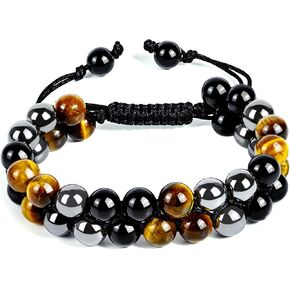 Triple Protection Bracelet Natural Black Obsidian Tigers Eye Hematite 10mm Beads Crystal Bracelet Handmade Bracelets for Men Women Bring Prosperity Luck and Health in Saudi Arabia