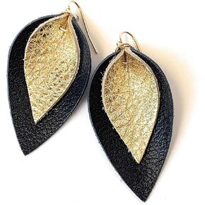 Layered Leather Leaf Earrings for Women (Black on Gray) in Saudi Arabia