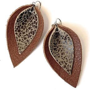 Layered Leather Leaf Earrings for Women (Black on Gray)