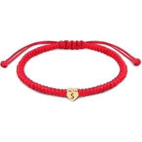Initial Bracelet Gold Heart Love Charm Initial Bracelet Red Initial A Letter Bracelets Handmade Adjustable Rope Bracelets for Girls Boy Mom Birthday Gifts (A)