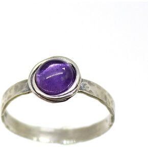 Amethyst sterling silver 925 ring band for women, Purple ring, Hammered stone stacking ring, Birthstone ring, Small stone ring (amethyst, 6)