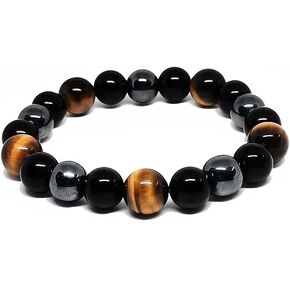 سوار الحماية الثلاثية - من Neicoo - أحجار طبيعية فاخرة 7A - سوار مطرز مقاس 10 ملم للرجال والنساء - جالب الحظ الجيد والحماية والسعادة - عين النمر - حجر السج الأسود - الهيماتيت in Kuwait