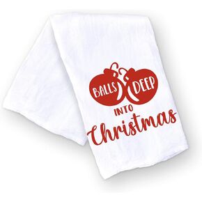 Handmade Funny Christmas Kitchen Towel - Balls Deep Into Christmas Dishwashing Hand Towel - Seasons Greetings - 28x28 Inch Perfect for Housewarming Hostess Gifts (Balls Deep Into Christmas)