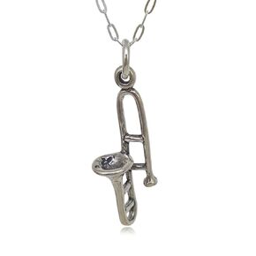 Sterling Silver Trombone Musical Instrument 3D Charm Necklace, 18" in Kuwait