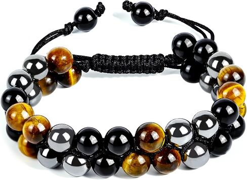 Triple Protection Bracelet Natural Black Obsidian Tigers Eye Hematite 10mm Beads Crystal Bracelet Handmade Bracelets for Men Women Bring Prosperity Luck and Health in Saudi Arabia