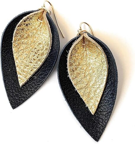 Layered Leather Leaf Earrings for Women (Black on Gray) in Saudi Arabia
