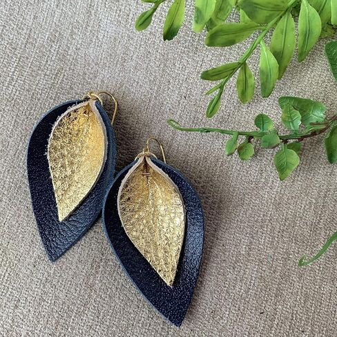 Layered Leather Leaf Earrings for Women (Black on Gray) in Saudi Arabia