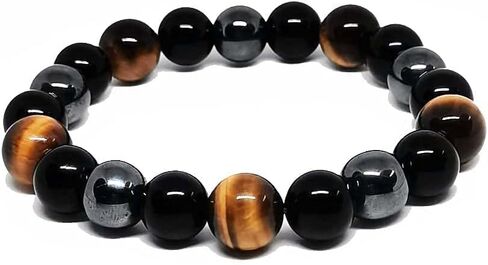 سوار الحماية الثلاثية - من Neicoo - أحجار طبيعية فاخرة 7A - سوار مطرز مقاس 10 ملم للرجال والنساء - جالب الحظ الجيد والحماية والسعادة - عين النمر - حجر السج الأسود - الهيماتيت in Kuwait