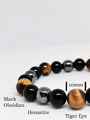 سوار الحماية الثلاثية - من Neicoo - أحجار طبيعية فاخرة 7A - سوار مطرز مقاس 10 ملم للرجال والنساء - جالب الحظ الجيد والحماية والسعادة - عين النمر - حجر السج الأسود - الهيماتيت in Kuwait