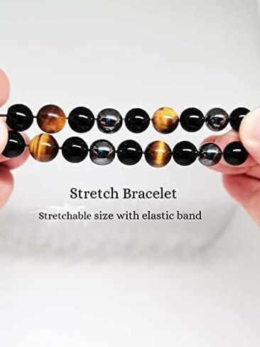 سوار الحماية الثلاثية - من Neicoo - أحجار طبيعية فاخرة 7A - سوار مطرز مقاس 10 ملم للرجال والنساء - جالب الحظ الجيد والحماية والسعادة - عين النمر - حجر السج الأسود - الهيماتيت in Kuwait