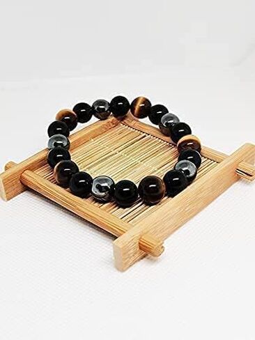 سوار الحماية الثلاثية - من Neicoo - أحجار طبيعية فاخرة 7A - سوار مطرز مقاس 10 ملم للرجال والنساء - جالب الحظ الجيد والحماية والسعادة - عين النمر - حجر السج الأسود - الهيماتيت in Kuwait