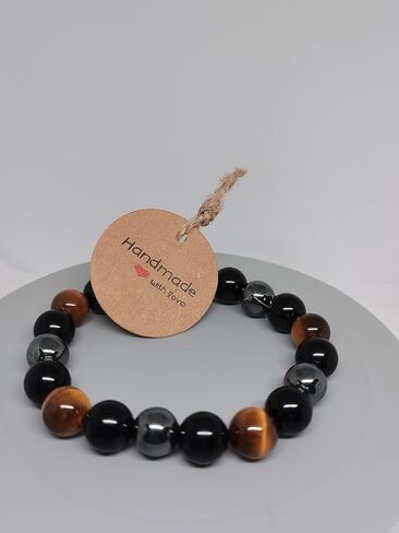 سوار الحماية الثلاثية - من Neicoo - أحجار طبيعية فاخرة 7A - سوار مطرز مقاس 10 ملم للرجال والنساء - جالب الحظ الجيد والحماية والسعادة - عين النمر - حجر السج الأسود - الهيماتيت in Kuwait