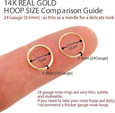 رقيقة جدا 14K ريال الصلبة الذهب الأصفر 0.5 مللي متر 24 مقياس ثقب الأنف الدائري هوب مجوهرات للجسم قطر 10 مللي متر in Kuwait