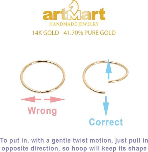 رقيقة جدا 14K ريال الصلبة الذهب الأصفر 0.5 مللي متر 24 مقياس ثقب الأنف الدائري هوب مجوهرات للجسم قطر 10 مللي متر in Kuwait