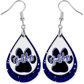 Bulldogs Blue & White Team School Football Dangle Earrings Teardrop MDF Wood Sports Fan Jewelry for Women Handmade by The Painted Pug (Blue White Lg Pawprint) (Front Side Image Only) in Saudi Arabia