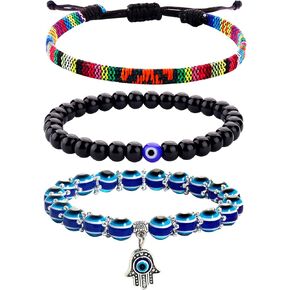Blue Evil Eye Bracelets Set of 3 Black Bead Protection Jewelry Boho Handmade Beach Bracelet for Women Men Boys Girls (Color A)
