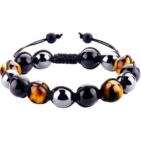 Mens Triple Protection Bracelet Hematite Black Onyx Tiger Eye Bracelets for Men Natural Stone 10mm Beads Healing Crystal Bracelets Good Luck Prosperity Happiness (10mm tiger eye bracelet)