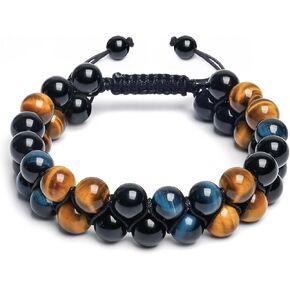 أساور Vicsoon للرجال والنساء، سوار حماية ثلاثي مع 8 مم من حجر السج الأزرق والأصفر عين النمر الأسود، سوار مصنوع يدويًا من حجر الشفاء قابل للتعديل، مجوهرات كريستال خرز تجلب الحظ والسعادة in Kuwait