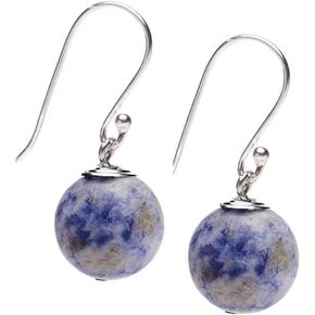 Handmade 12mm Natural Gemstone Sterling Silver Dangle Drop Earrings | Pink, Blue, Green, Black, Yellow, Red Ball Drop Earrings (Blue Agate)